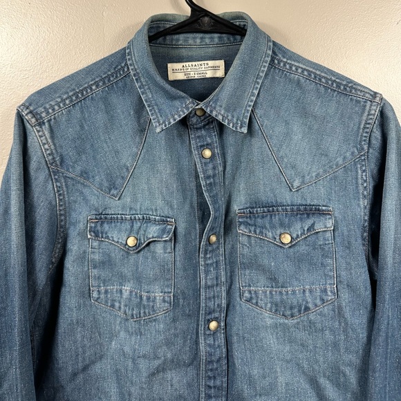 All Saints Men’s Denim Look Pearl Snap Button Up Long Sleeve Shirt Blue - XS - Picture 4 of 7